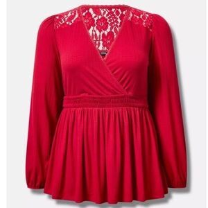TORRID Red Texture Jersey V-Neck Lace Yoke Surplice Long Sleeve Babydoll Size 1X